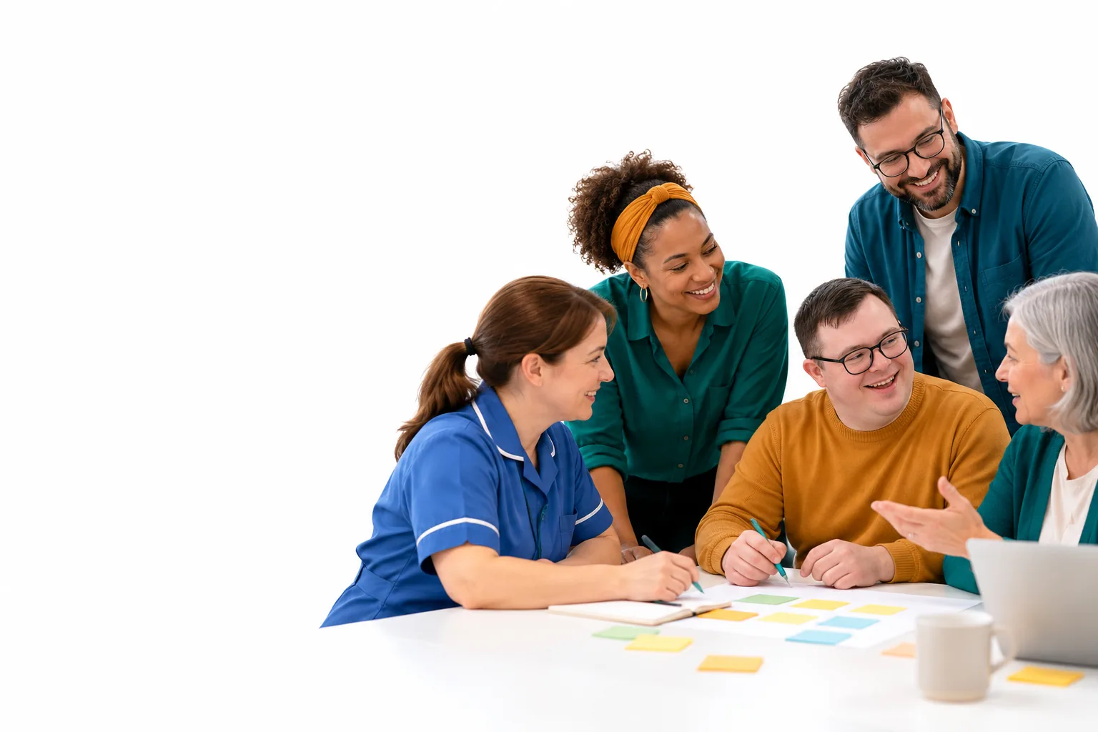 A group working together around a table, sharing ideas with notes and drawings.